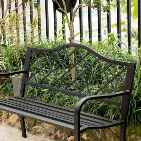 Gardenised Gardenised Outdoor Garden Patio Steel Park Bench Lawn Decor with Cast Iron Back, Black Seating bench for Yard, Patio, Garden and Deck QI004259